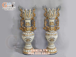 Đôi cây nến men rạn đắp nổi Rồng Như Ý, cao 72cm