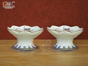 Đôi chân nến men lam cổ vẽ Sen Tài Lộc vẽ vàng 24k, cao 5cm
