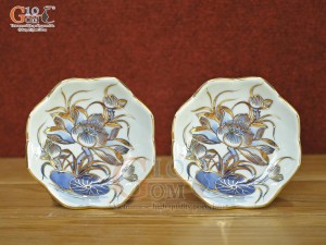 Đôi chân nến men lam cổ vẽ Sen Tài Lộc vẽ vàng 24k, cao 5cm