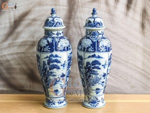 Đôi chóe cao men lam cổ vẽ cảnh Sơn Thủy bổ khung, cao 36cm