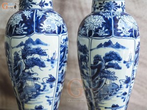 Đôi chóe cao men lam cổ vẽ cảnh Sơn Thủy bổ khung, cao 36cm