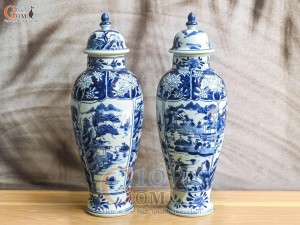 Đôi chóe cao men lam cổ vẽ cảnh Sơn Thủy bổ khung, cao 36cm