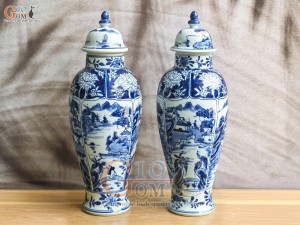 Đôi chóe cao men lam cổ vẽ cảnh Sơn Thủy bổ khung, cao 36cm