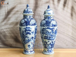 Đôi chóe cao men lam cổ vẽ cảnh Sơn Thủy bổ khung, cao 36cm