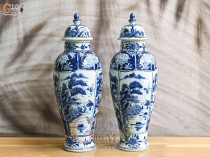 Đôi chóe cao men lam cổ vẽ cảnh Sơn Thủy bổ khung, cao 36cm