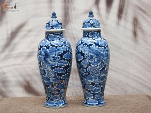 Đôi chóe cao men lam cổ vẽ Long Ẩn, cao 36cm