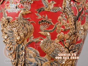 Đôi chóe Công Đào đắp nổi vẽ vàng 24k, nền đỏ - 20L