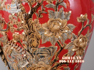 Đôi chóe Công Đào đắp nổi vẽ vàng 24k, nền đỏ - 20L