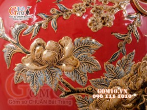 Đôi chóe Công Đào đắp nổi vẽ vàng 24k, nền đỏ - 20L
