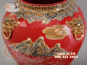 Đôi chóe Công Đào đắp nổi vẽ vàng 24k, nền đỏ - 20L