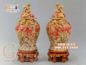 Đôi chóe Công Đào đắp nổi vẽ vàng 24k, nền đỏ - 20L