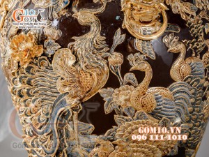 Đôi chóe Công Đào đắp nổi vẽ vàng 24k, nền nâu - 20L