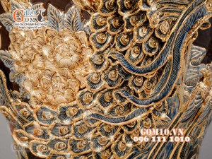 Đôi chóe Công Đào đắp nổi vẽ vàng 24k, nền nâu - 20L