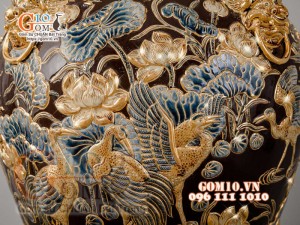 Đôi chóe Công Đào đắp nổi vẽ vàng 24k, nền nâu - 20L