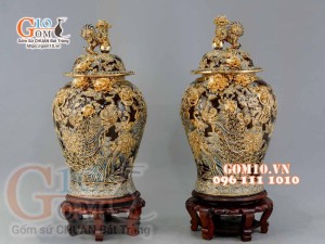 Đôi chóe Công Đào đắp nổi vẽ vàng 24k, nền nâu - 20L