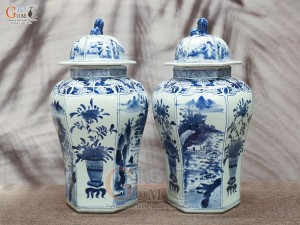 Đôi chóe lục giác men lam cổ vẽ Sơn Thủy, cao 41cm