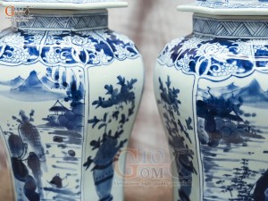 Đôi chóe lục giác men lam cổ vẽ Sơn Thủy, cao 41cm