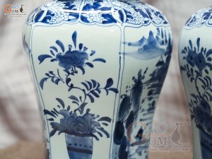 Đôi chóe lục giác men lam cổ vẽ Sơn Thủy, cao 41cm