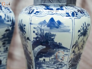 Đôi chóe lục giác men lam cổ vẽ Sơn Thủy, cao 41cm