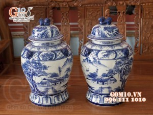 Đôi chóe men bóng họa tiết cảnh làng quê 20L