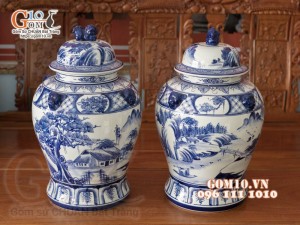 Đôi chóe men bóng họa tiết cảnh làng quê 20L