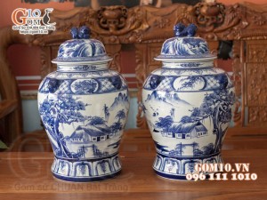 Đôi chóe men bóng họa tiết cảnh làng quê 20L