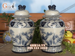 Đôi chóe men bóng vẽ cảnh Lã Vọng Câu Cá 15L