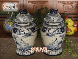 Đôi chóe men bóng vẽ cảnh Lã Vọng Câu Cá 15L