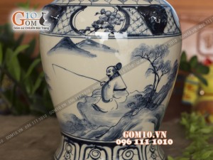 Đôi chóe men bóng vẽ cảnh Lã Vọng Câu Cá 15L