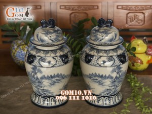 Đôi chóe men bóng vẽ cảnh làng quê 15L