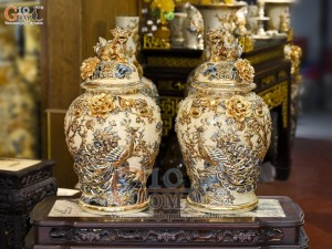 Đôi chóe men hoàng tộc đắp nổi Công Đào Phú Quý vẽ vàng 24k, 30L