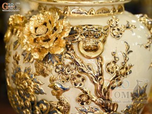 Đôi chóe men hoàng tộc đắp nổi Công Đào Phú Quý vẽ vàng 24k, 30L