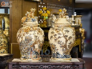 Đôi chóe men hoàng tộc đắp nổi Công Đào Phú Quý vẽ vàng 24k, 30L