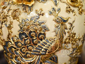 Đôi chóe men hoàng tộc đắp nổi Công Đào Phú Quý vẽ vàng 24k, 30L