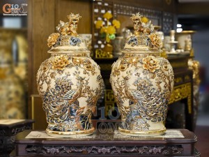 Đôi chóe men hoàng tộc đắp nổi Công Đào Phú Quý vẽ vàng 24k, 30L