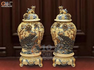 Đôi chóe men hoàng tộc đắp nổi Công Đào Tài Lộc, 30L