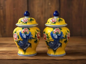 Đôi chóe men hoàng yến vẽ chim trĩ Phù Dung cao 34cm
