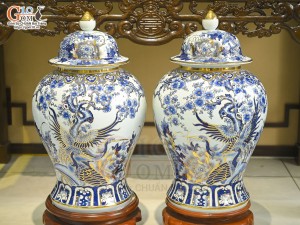 Đôi choé men lam cổ cảnh Trĩ Đào Phú Quý vẽ vàng 24k, 40L