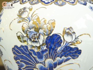 Đôi choé men lam cổ cảnh Trĩ Đào Phú Quý vẽ vàng 24k, 40L