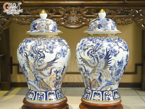 Đôi choé men lam cổ cảnh Trĩ Đào Phú Quý vẽ vàng 24k, 40L