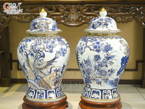 Đôi choé men lam cổ cảnh Trĩ Đào Phú Quý vẽ vàng 24k, 40L