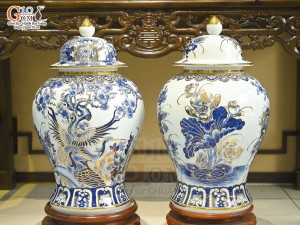 Đôi choé men lam cổ cảnh Trĩ Đào Phú Quý vẽ vàng 24k, 40L