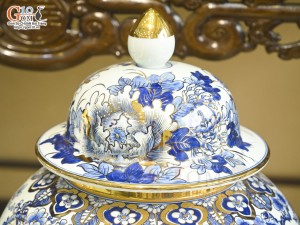 Đôi choé men lam cổ cảnh Trĩ Đào Phú Quý vẽ vàng 24k, 40L