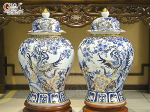 Đôi choé men lam cổ cảnh Trĩ Đào Phú Quý vẽ vàng 24k, 40L