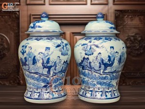 Đôi chóe men lam cổ vẽ Bát Tiên Quá Hải, 30L