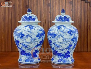 Đôi chóe men lam cổ vẽ Chép Sen, 25Lít