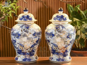 Đôi chóe men lam cổ vẽ Chép Sen vẽ vàng 24k, 25Lít