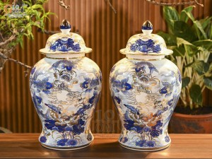 Đôi chóe men lam cổ vẽ Chép Sen vẽ vàng 24k, 25Lít