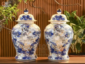 Đôi chóe men lam cổ vẽ Chép Sen vẽ vàng 24k, 25Lít