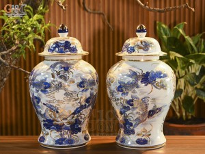 Đôi chóe men lam cổ vẽ Chép Sen vẽ vàng 24k, 25Lít